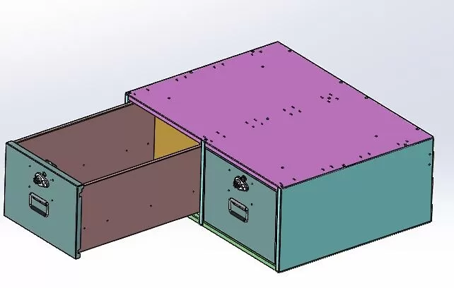 Drawer cabinet drawn with the left-hand drawer pulled fully open to show the empty compartment