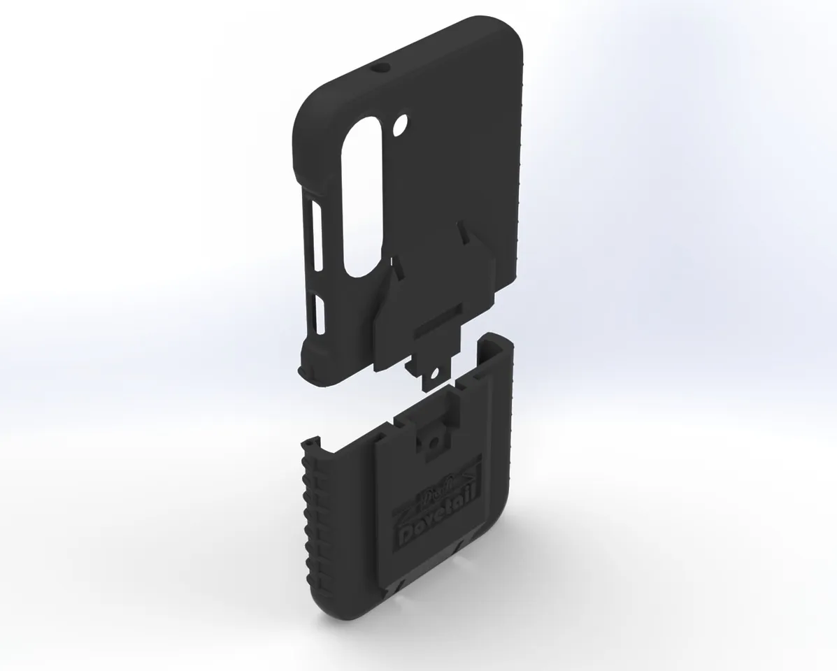 Exploded view with the top case shell floating above the lower half that carries the dock plate