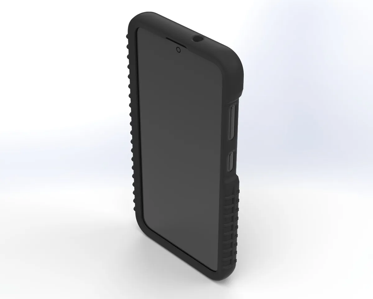 Front three-quarter of the case, screen opening with the side button cut-outs on the right edge