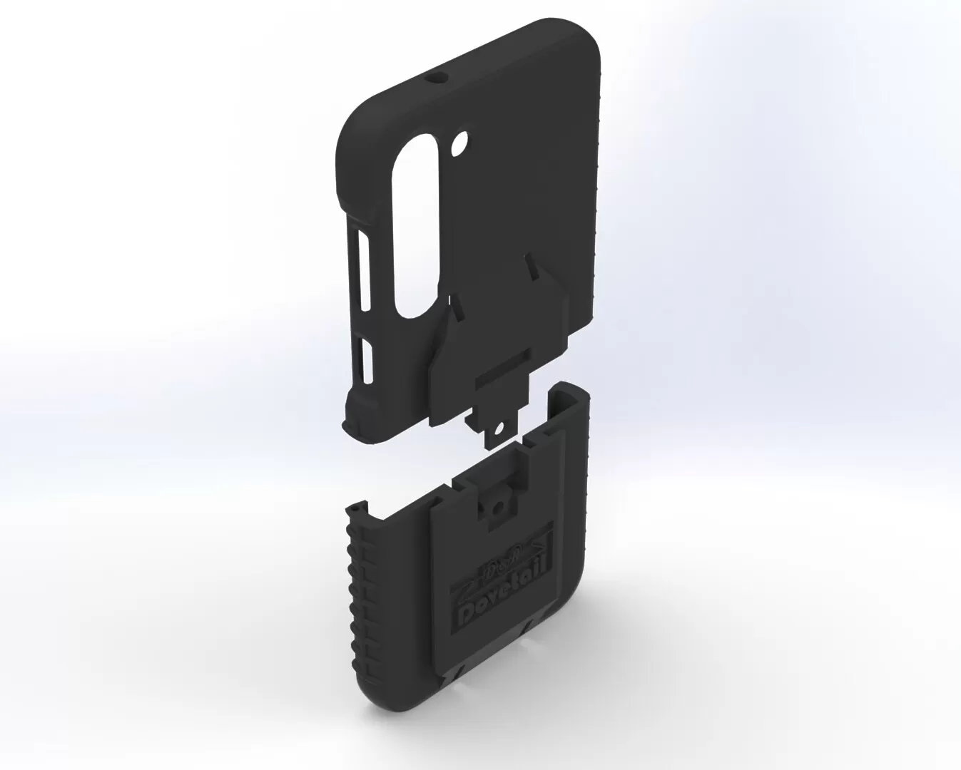 Exploded view with the top case shell floating above the lower half that carries the dock plate