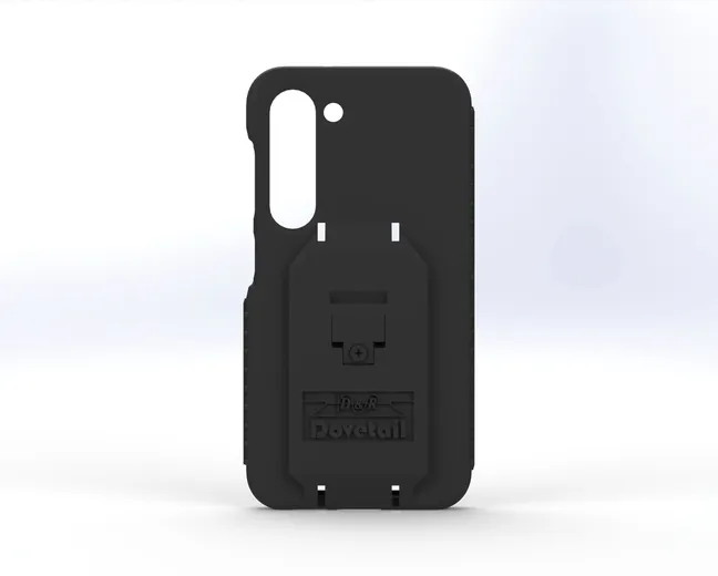 D&R Dovetail phone case for the Galaxy S23 with the docking plate molded into the back