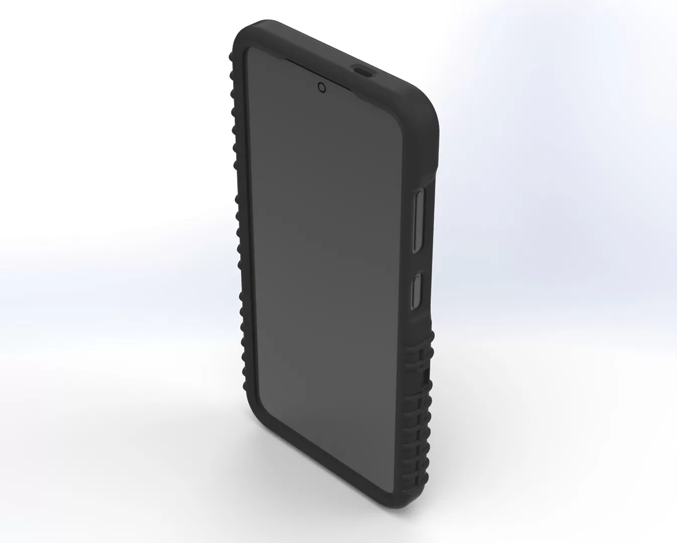 Front three-quarter of the assembled case, screen opening and side button cut-outs