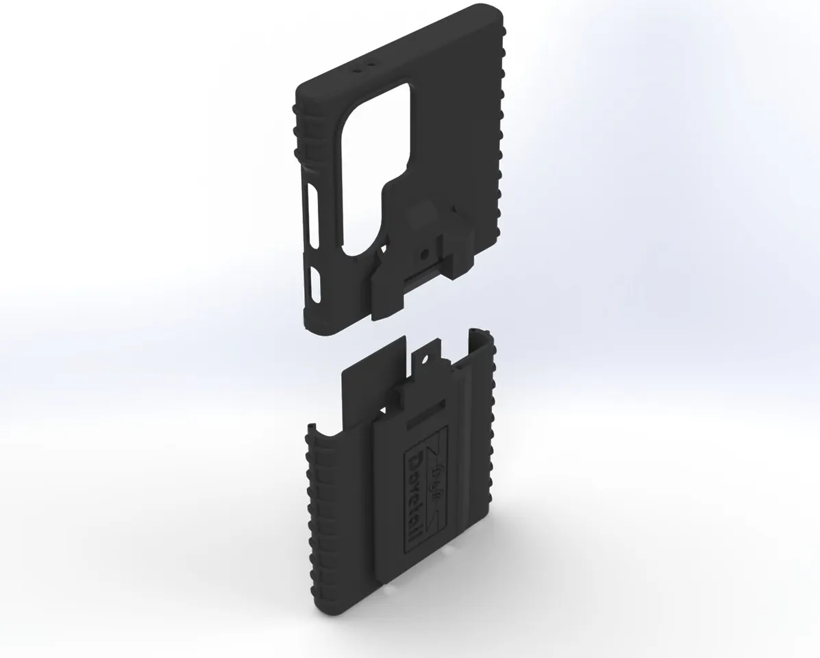 Exploded render with the top shell lifted off the lower half that carries the dock cleat