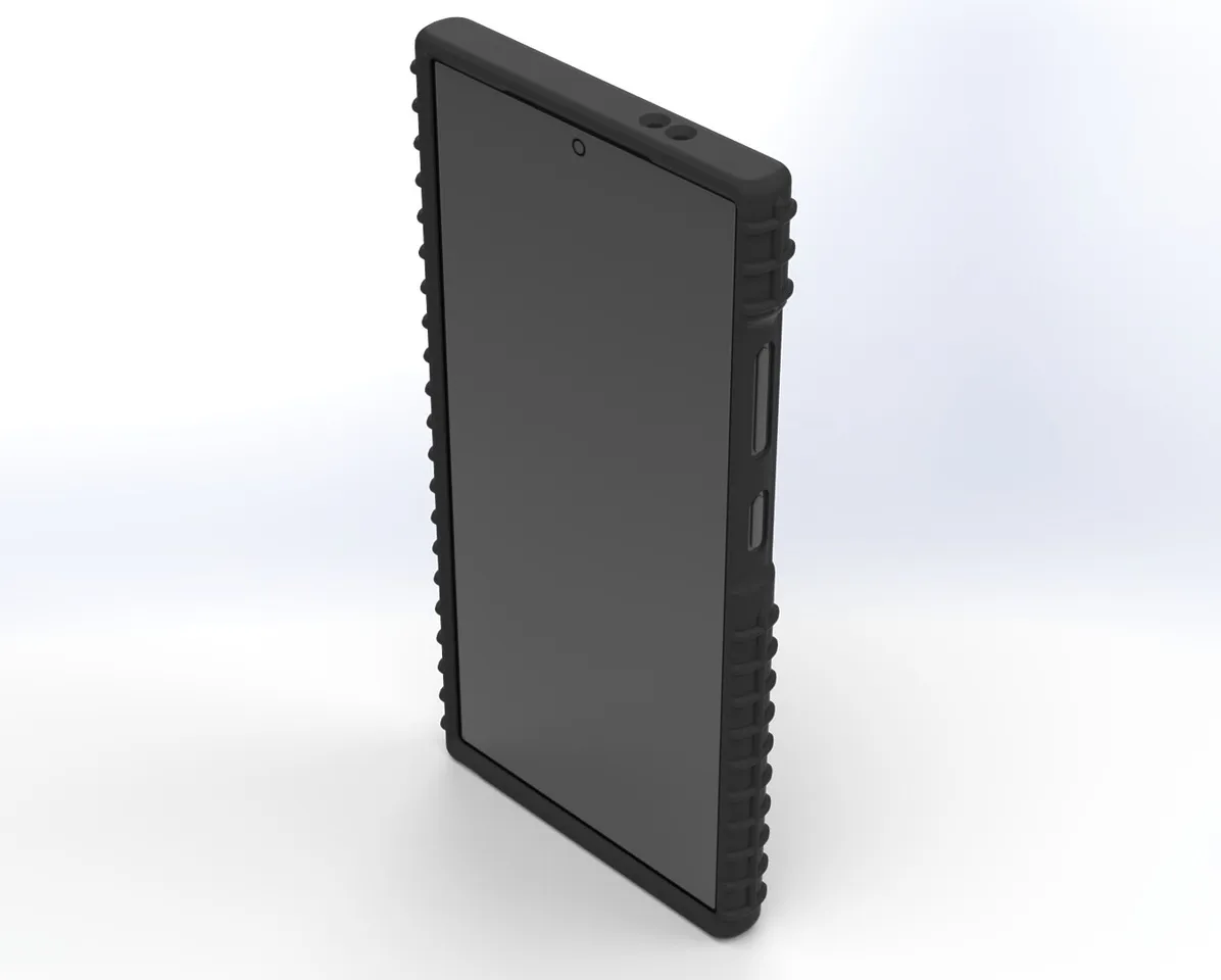 Front three-quarter of the assembled case, tall screen opening and ribbed edge grips