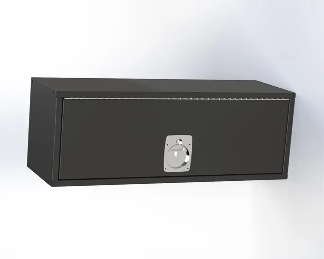 D&R 934-1018A truck bed storage locker with drop-down door and locking D-ring latch, front view