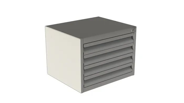 D&R 934-1017A four-drawer universal storage cabinet with shallow drawer fronts and a keyed lock
