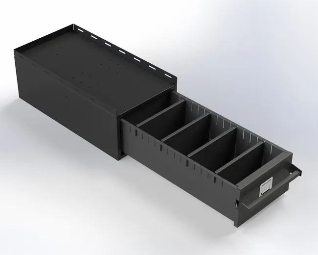D&R 934-1011A single-drawer storage cabinet for the Ford Utility, drawer open with adjustable dividers
