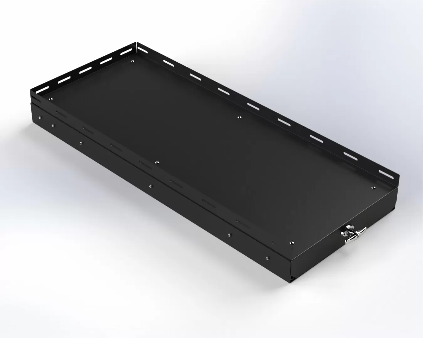 D&R 934-1008A universal slide-out storage tray in black aluminum with T-handle and slotted mounting rails