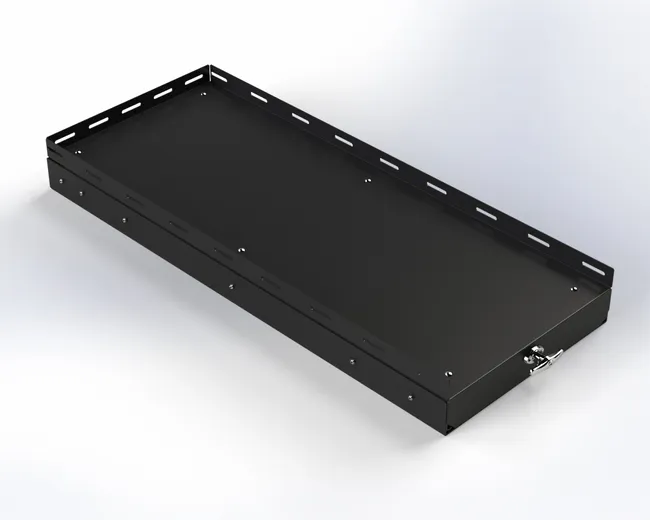 D&R 934-1008A universal slide-out storage tray in black aluminum with T-handle and slotted mounting rails