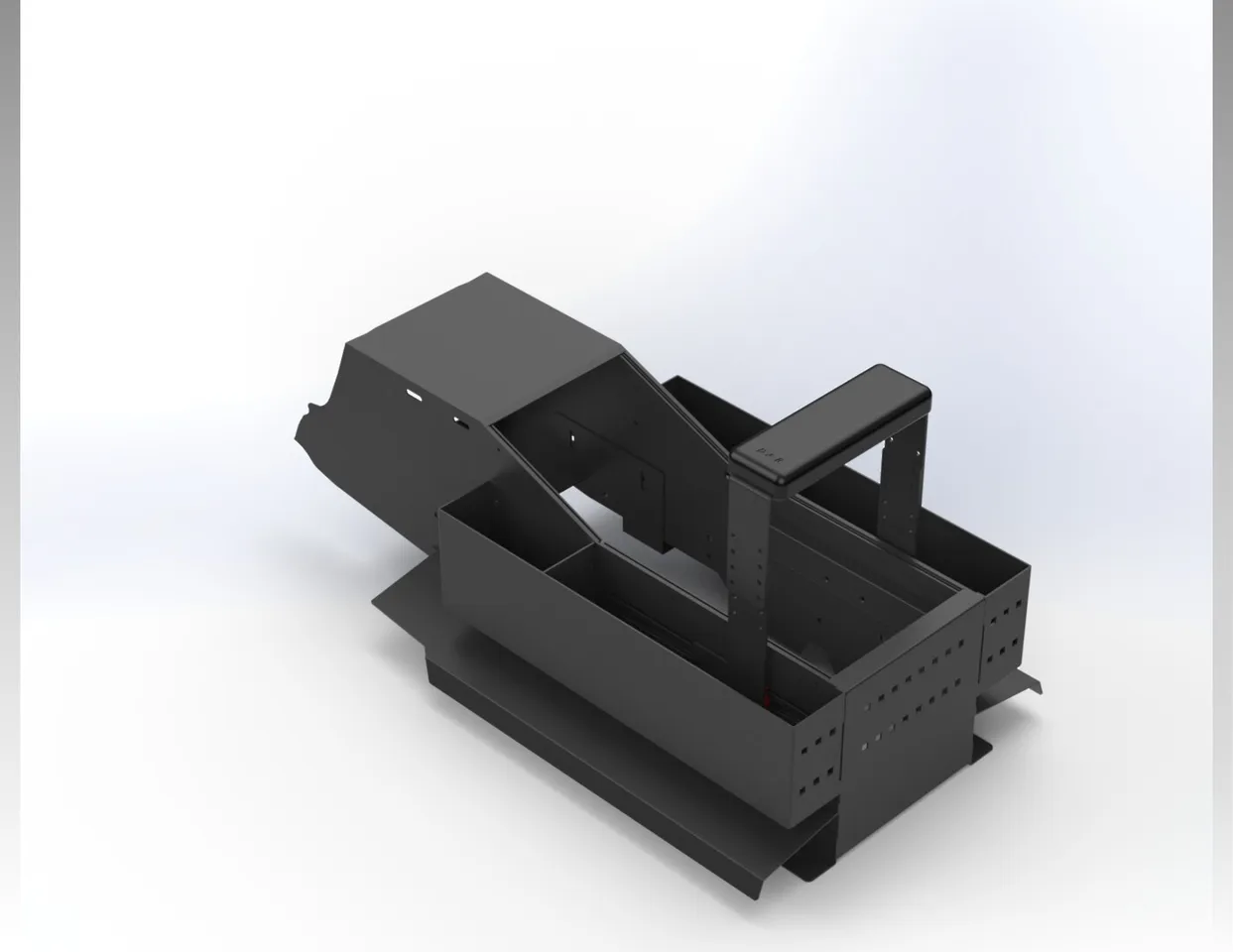 Rear angle of the console showing storage pockets on both sides and the open equipment bay