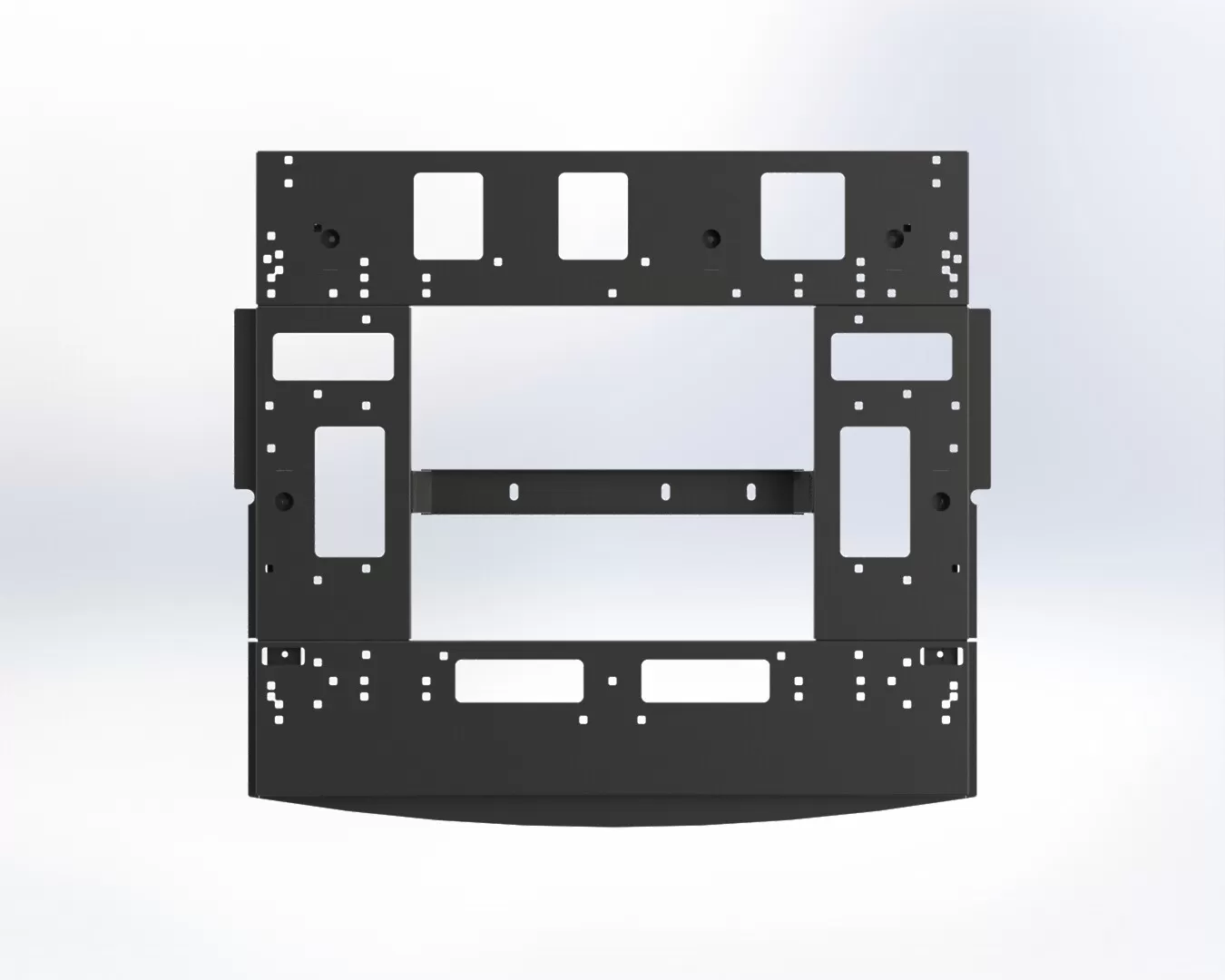 Top-down view of the deck with rectangular cut-outs and rows of holes for 3/8 cage nuts