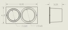 Dimensioned drawing: 8.00 by 4.25 plate, 3.23 deep, with cup openings of 2.81 and 3.45 diameter