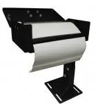 Rear three-quarter of the printer armrest showing top mounting studs and paper roll under the tear bar