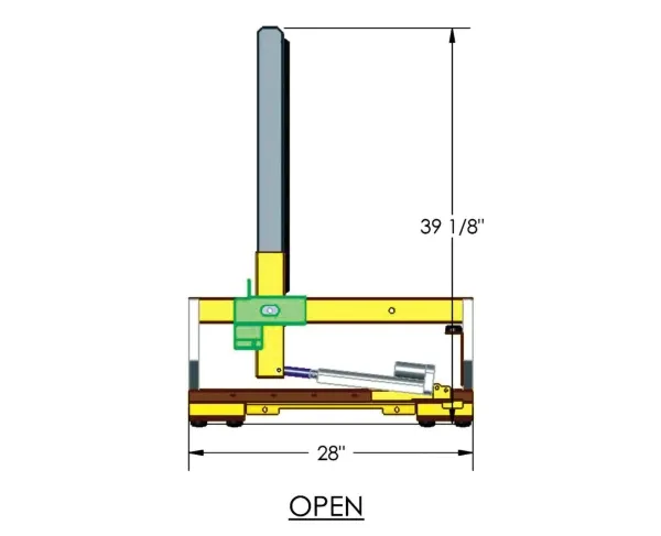 Side view drawing of the rack in the open position, 39 1/8 inches high on a 28-inch base
