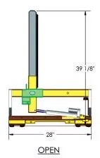 Side view drawing of the rack in the open position, 39 1/8 inches high on a 28-inch base