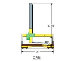 Side view drawing of the rack in the open position, 39 1/8 inches high on a 28-inch base
