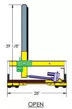 Side drawing of the rack in the open position, 39 1/8 inches high on a 28-inch base with the actuator extended