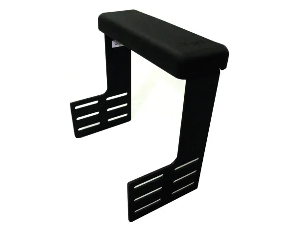 Armrest from the opposite side, showing the D&R logo on the pad and the slotted height adjustment legs