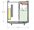Top view drawing of the complete unit marked 40.00 wide by 38.00 deep, extinguisher mount at right