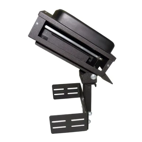 D&R CA-0210 printer armrest with padded lid and slotted mounting brackets, angled front view