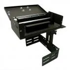Printer armrest housing with the lid raised, showing the empty printer bay and paper spool rod inside