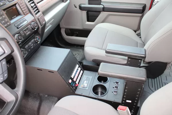 D&R 901-0135A console for the Ford F-150 and Super Duty, installed with dual armrests and breaker panel