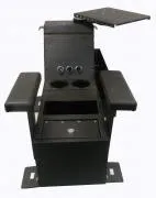 Console seen head-on showing three outlets, twin cup holders, a locking lid and floor mounting feet