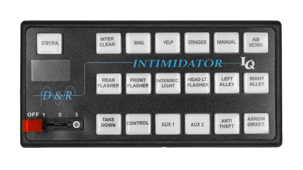 D&R F5M-IQTP control system faceplate with 20 backlit push buttons, OLED display window and Intimidator IQ label