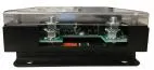 End view showing the heavy battery input studs, internal circuit board and black mounting flange