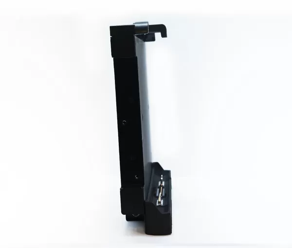Edge-on profile showing how thin the unit is, with the top hook arm and the base connector