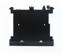 Front of the bare dock: flat tablet plate, top retaining clips, key in the lock and base connector