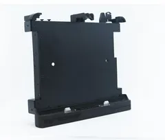 Three-quarter view of the dock standing upright, retaining arms along the top and connector in the base