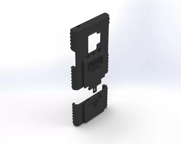 Two-piece S9 case shown separated, upper shell floating above the slide-on bottom section, rear angle