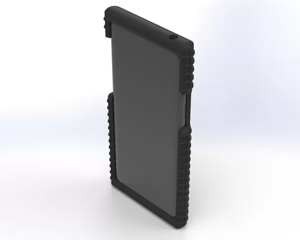 Front of the assembled case with the phone installed, dark screen framed by ribbed black bumpers