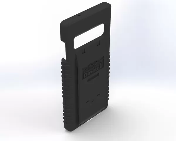 Empty S10 case angled from the rear, ribbed side grips and the camera bar opening left clear