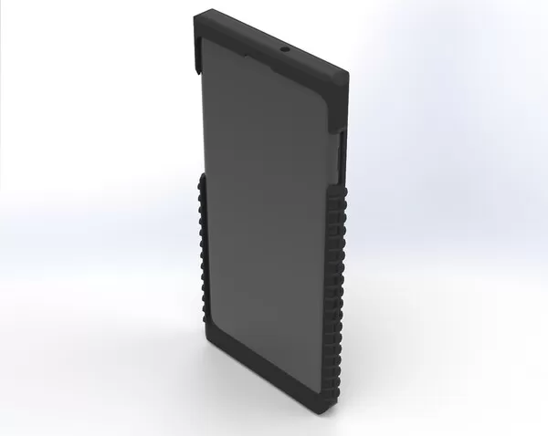 Handset seated in the case, front three-quarter view with the screen and side grip ridges visible