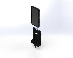 Render of a rugged-cased phone lowering screen-up into the cradle, blue arrow showing how it seats