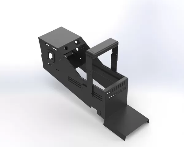 D&R 901-0164B console for the Ford Interceptor Utility, black steel with sliding armrest and rear tray