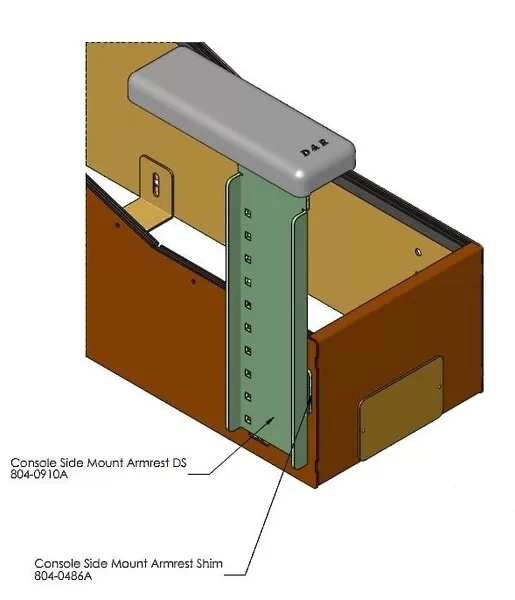 D&R 904-0135B driver-side console armrest, labelled Console Side Mount Armrest DS 804-0910A
