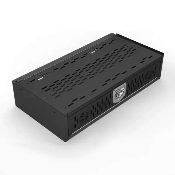 D&R 934-0943A electronics equipment storage chest, lid closed, with vented aluminum top and cooling fans