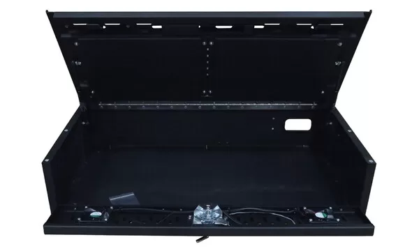 Front view of the open chest with lockable T-handle centred between two cooling fan cut-outs