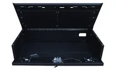 Front view of the open chest with lockable T-handle centred between two cooling fan cut-outs