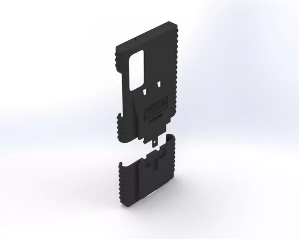 Two-piece S20Fe case separated, main shell floating above the slide-on bottom section, rear angle