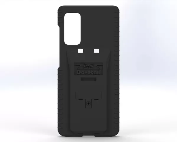 D&R Dovetail phone case for the Galaxy S20Fe, rear view with the dock plate and tall camera cutout
