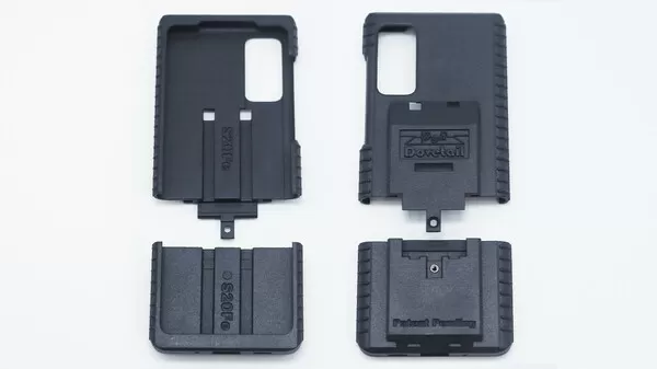 S20Fe case parts laid out with the lower caps taken off both the inside-up and outside-up shells