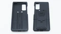 Two S20Fe cases side by side, one turned inside up and embossed S20Fe, the other marked Patent Pending