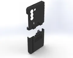 Two-piece S21 case pulled apart, upper shell above the lower docking half with camera cut-outs