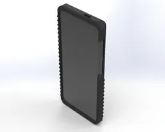 Front three-quarter view of a phone in the case, screen framed by the raised protective bezel