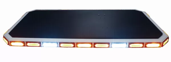 Front of the low-profile lightbar on its own, amber and white modules lit along the clear lens
