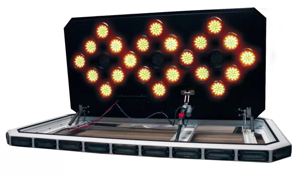 Chevron board flashing nearly every sealed module at once, with only the centre column left dark